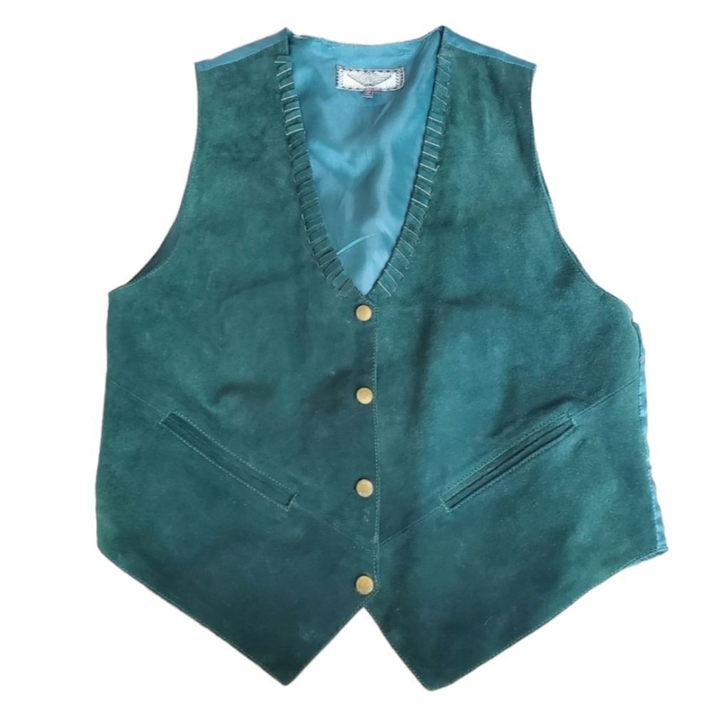 Women's Suede Leather Vest Size Medium Green Snap Front Bicker Western Rodeo